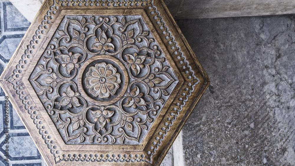 Islamic Art. Wooden stool with middle eastern islamic uzbek ornament. Handmade wooden chair made by uzbek master with curved ornaments. Original Islamic Inlayed Table.