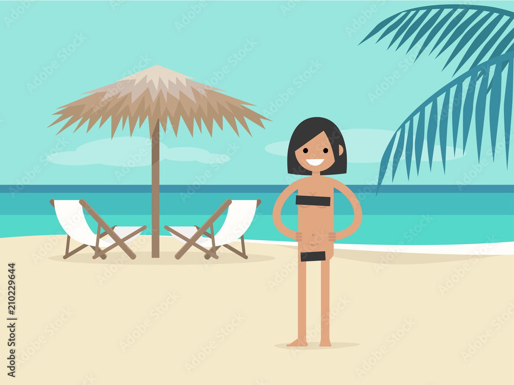 Nudist beach. Young character on vacation.  Two chaise lounges under the palm tree umbrella. Background. Paradise. Flat editable vector illustration, clip art