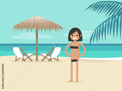 Nudist beach. Young character on vacation.  Two chaise lounges under the palm tree umbrella. Background. Paradise. Flat editable vector illustration, clip art