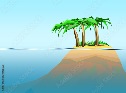 geometrical summertime graphic with palm trees and deep blue ocean