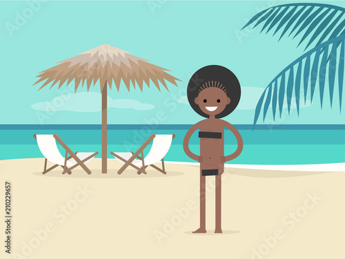 Nudist beach. Young character on vacation.  Two chaise lounges under the palm tree umbrella. Background. Paradise. Flat editable vector illustration, clip art