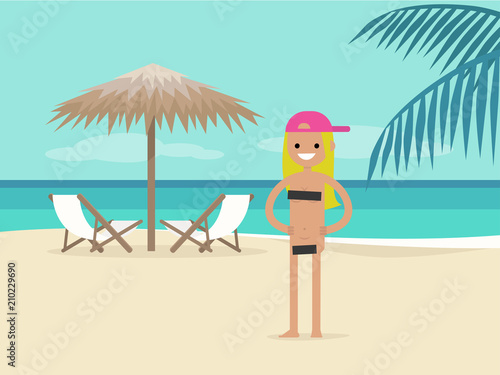 Nudist beach. Young character on vacation.  Two chaise lounges under the palm tree umbrella. Background. Paradise. Flat editable vector illustration, clip art