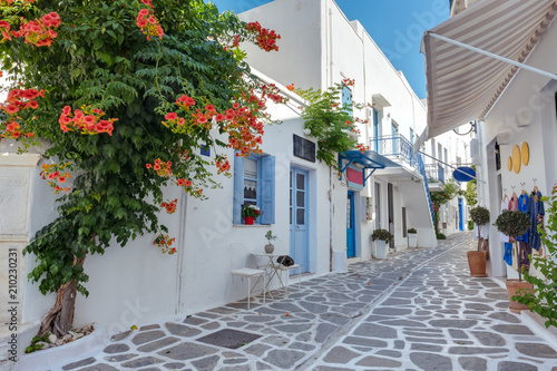 View of a typical narrow street in old town of Parikia, Paros island, Cyclades, Greece