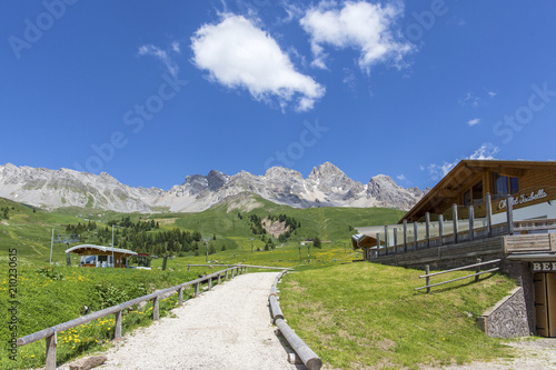 San Pellegrino Pass, Moena, Trentino Alto Adige, Alps, Dolomites, Italy: Landscape at the San Pellegrino Pass (1918 m).It's a high mountain pass in the Italian Dolomites. Summer landscape in the Alps.