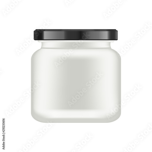 Realistic white matt glass matt jar with black lid for cosmetics - body cream, oil, scrub, gel, powder. Realistic packaging mockup template. Medical container. Vector illustrations.