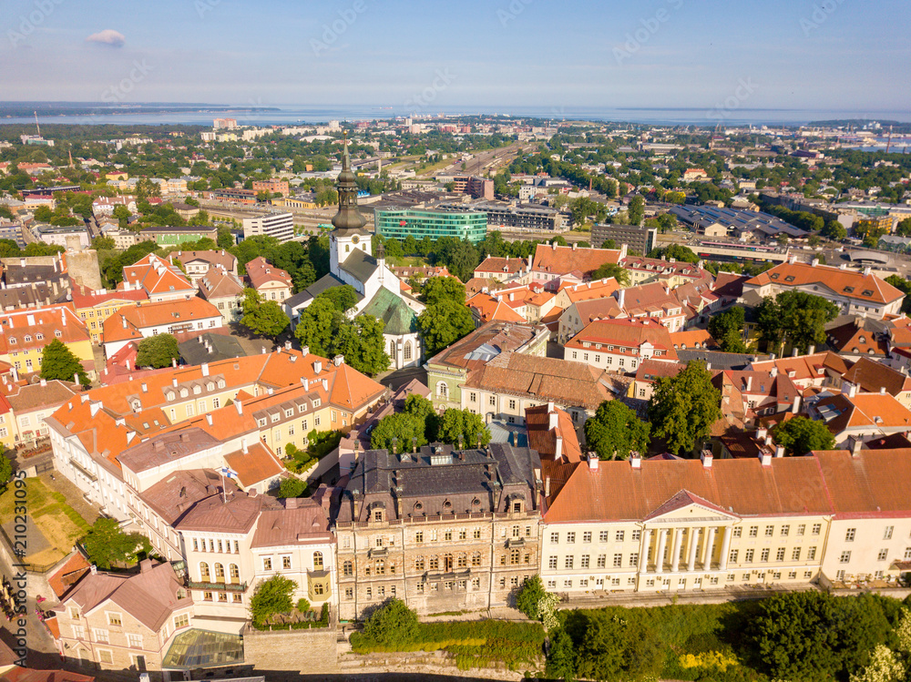 Amazing aerial Skyline of Tallinn Town Hall Square with Old Market Square, Estonia. Beautiful old medieval town in Estonia. - obrazy, fototapety, plakaty 
