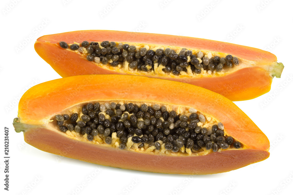 Healthy concept. Ripe papaya, juicy papaya fruit isolated on white background, top view with clipping path. Healthy concept. Ripe papaya, juicy papaya fruit isolated on white background, top view with clipping path.