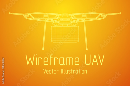 Remote control air drone. Dron flying with cargo box. Wireframe low poly mesh vector illustration