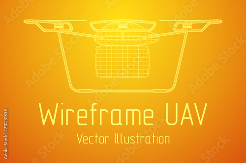 Remote control air drone. Dron flying with cargo box. Wireframe low poly mesh vector illustration