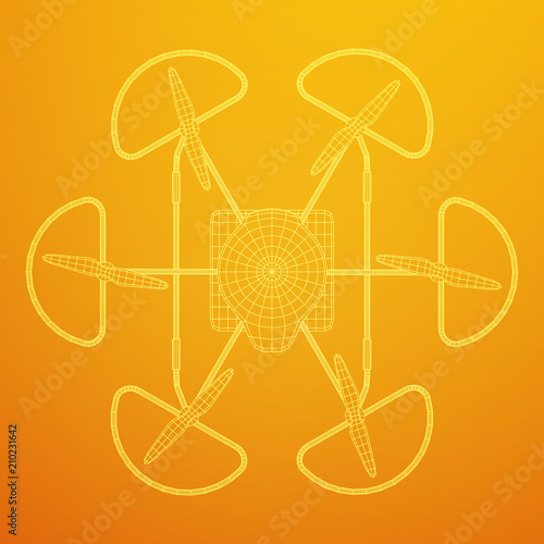 Remote control air drone. Dron flying with cargo box. Wireframe low poly mesh vector illustration