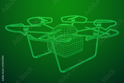 Remote control air drone. Dron flying with cargo box. Wireframe low poly mesh vector illustration