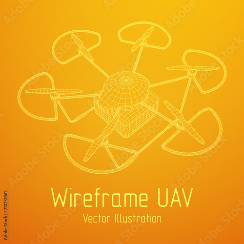 Remote control air drone. Dron flying with cargo box. Wireframe low poly mesh vector illustration