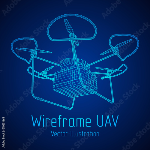 Remote control air drone. Dron flying with cargo box. Wireframe low poly mesh vector illustration