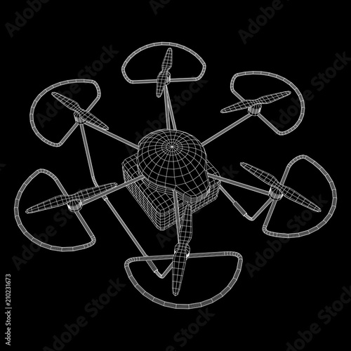 Remote control air drone. Dron flying with cargo box. Wireframe low poly mesh vector illustration