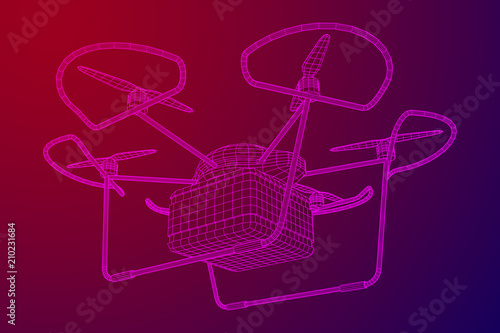 Remote control air drone. Dron flying with cargo box. Wireframe low poly mesh vector illustration