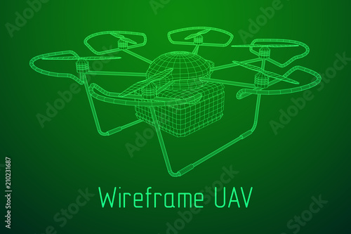 Remote control air drone. Dron flying with cargo box. Wireframe low poly mesh vector illustration