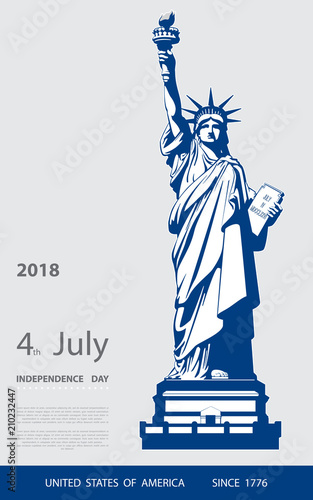 Poster. Blue Linear Picture. Independence Day, USA. Statue of Liberty, book. 2018. National Symbol of America. Illustration, gray,background. Use presentations,corporate reports, text,postcards,vector