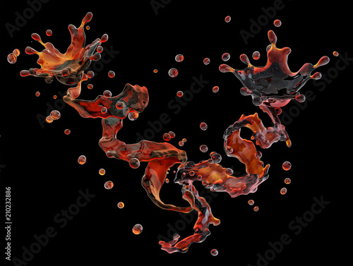 Alcohol, cola, coffee liquid splashes with droplets isolated. 3D illustration