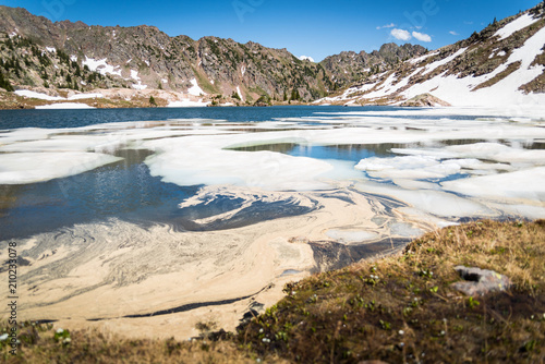 Landscape view of ice melting in Booth Lake near Vail, Colorado. 