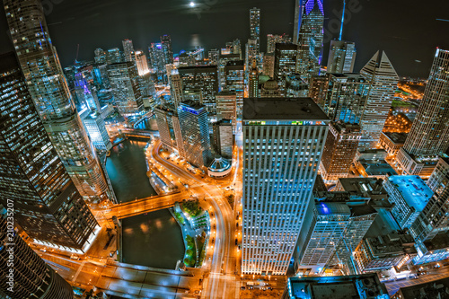 Downtown Chicago At Night From Above With The Moon