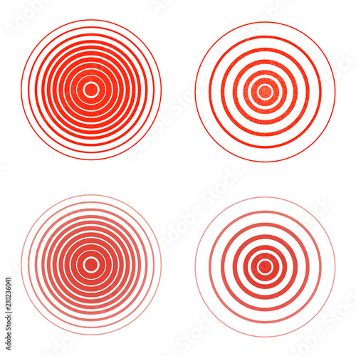 Set of red pain rings. Symbol of growing physical pain, suffering and body disorder, distress, injury, illness. Vector flat style cartoon illustration isolated on white background
