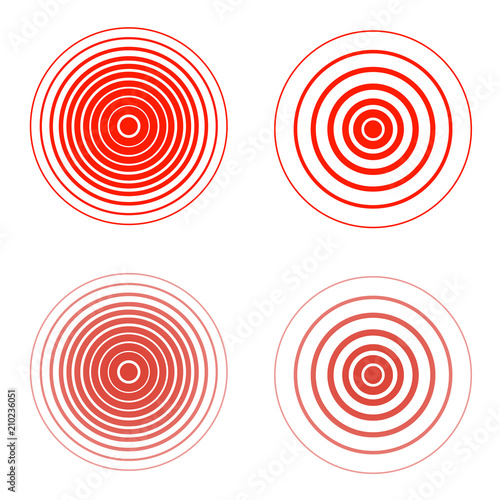 Set of red pain rings. Symbol of growing physical pain, suffering and body disorder, distress, injury, illness. Vector flat style cartoon illustration isolated on white background