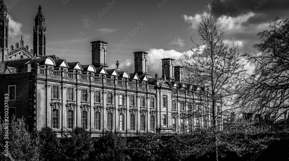 Panoramic view of Clare's college at beautiful sunny day in Cambridge, England. Black and white picture