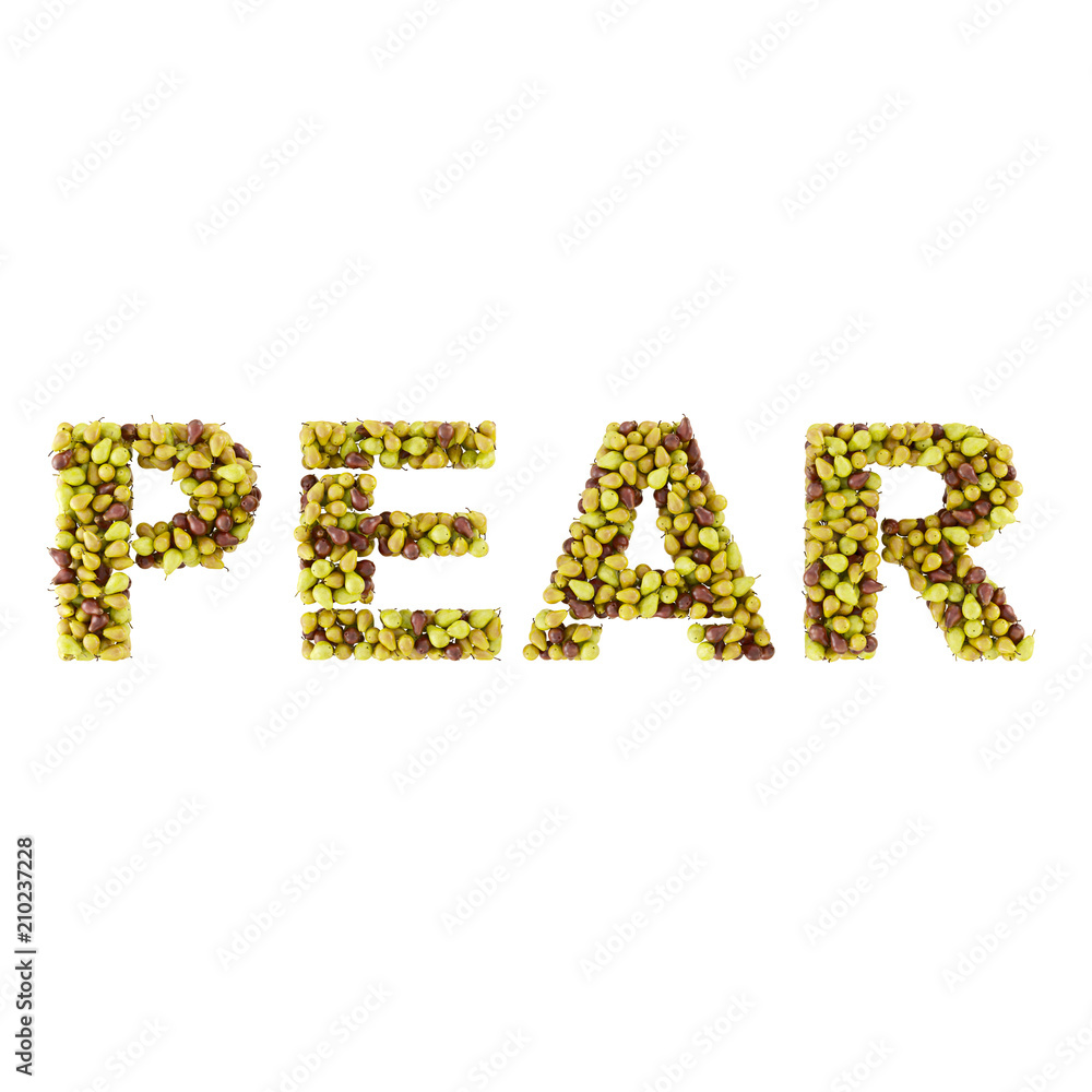 Written word pear from real different pear varieties on a white background Written word pear from real different pear varieties on a white background