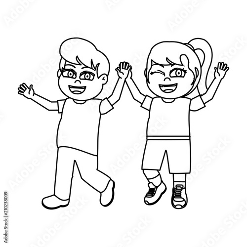 line happy girl and boy children with hands up
