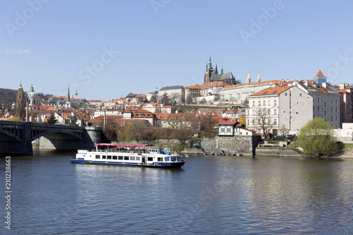 Spring Prague gothic Castle with the Lesser Town above River Vltava in the sunny Day  Czech Republic