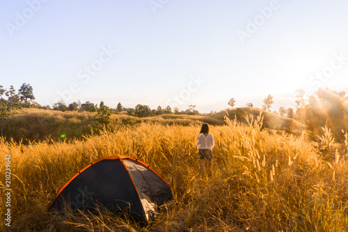 outdoors camping grass highlands mountain in the Sunset