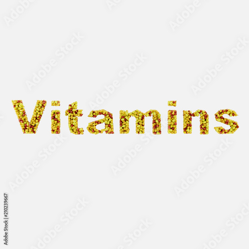 The word vitamins is written from pears