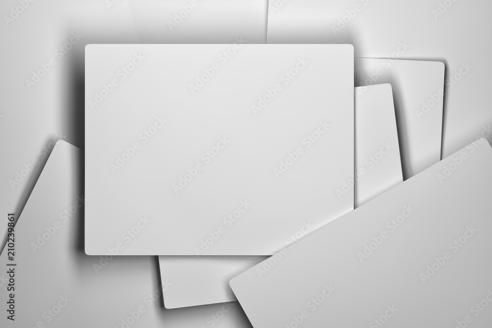 Stack of white paper cards laying on each other. Randomly arranged cards. Branding mock up. Blank space for text. 3D illustration. Stack of white paper cards laying on each other. Randomly arranged cards. Branding mock up. Blank space for text. 3D illustration.