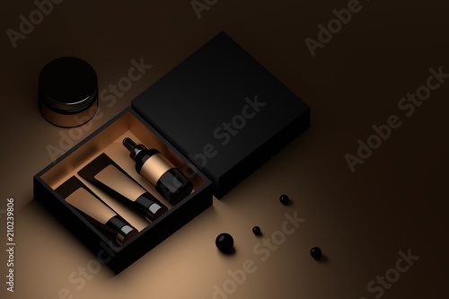 Black box with cosmetic packaging and black perls. Facial cream bottles inside a box. Branding packaging with blank surfaces. 3D illustration.