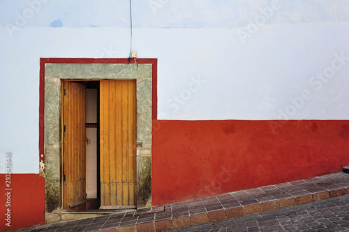 Front of an old house, Mexican Rustic Colonial open door in San Miguel de Allende Mexico.