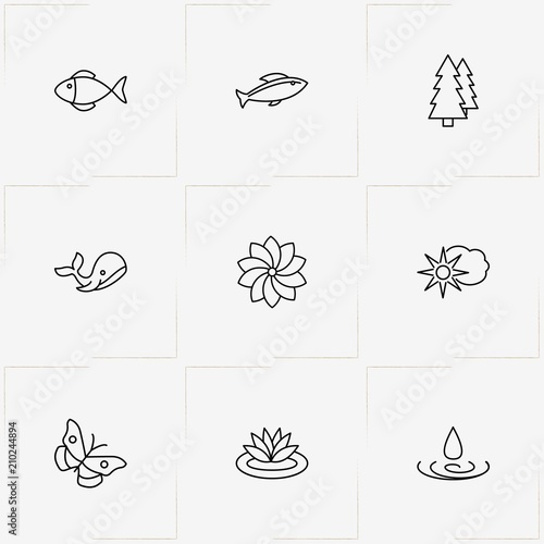 Nature line icon set with flower, butterfly and bush