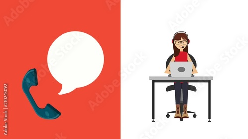woman with headset working desk laptop customer service animation hd