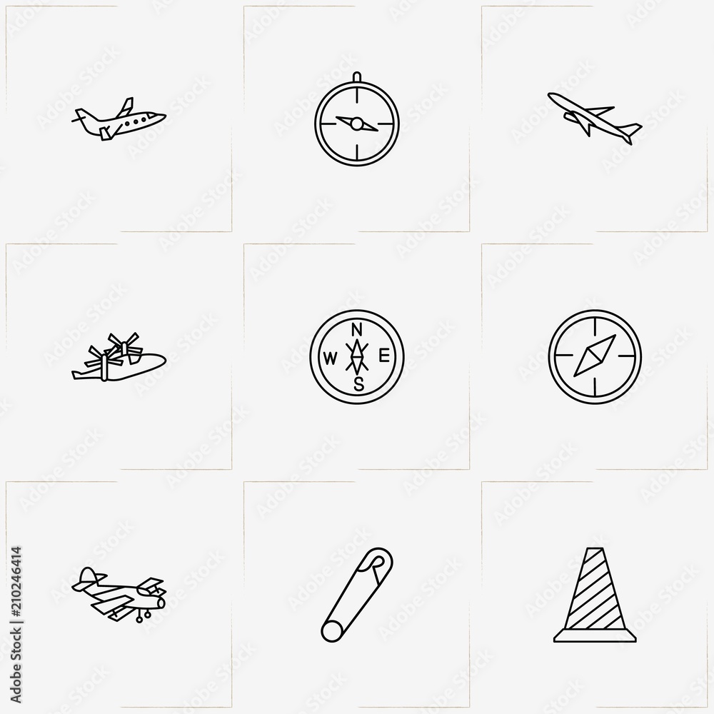 Navigation line icon set with compass, barrier triangle  and pin