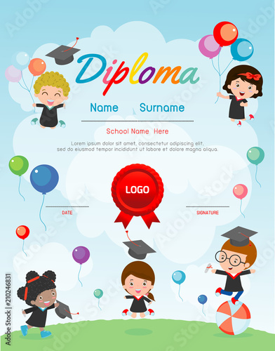 Certificates kindergarten and elementary, Preschool Kids Diploma certificate pattern design template, Diploma template for kindergarten students, Certificate of kids diploma, vector illustration