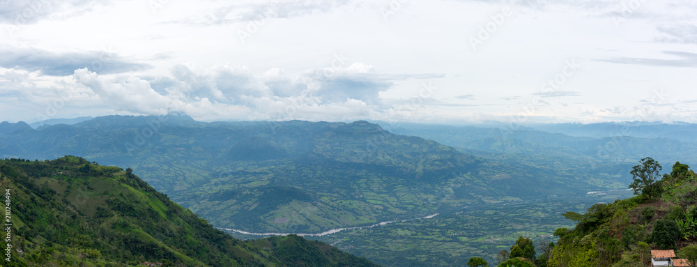 Coffee plantation in Jerico, Colombia in the state of Antioquia with the view of river Cauca in be background
