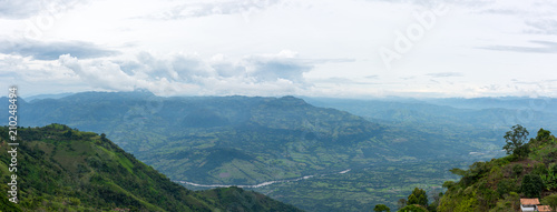 Coffee plantation in Jerico, Colombia in the state of Antioquia with the view of river Cauca in be background