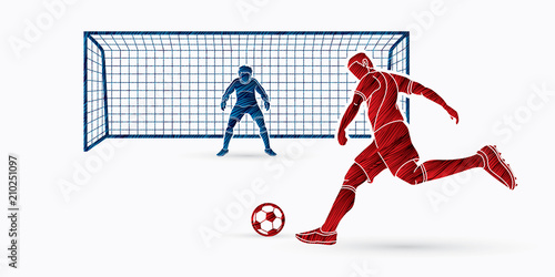 Foto Soccer player kicking ball with Goalkeeper standing action designed using grunge brush graphic vector