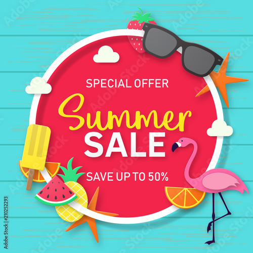Summer sale background for banner, flyer, invitation, poster, web site or greeting card. Paper cut style, vector illustration