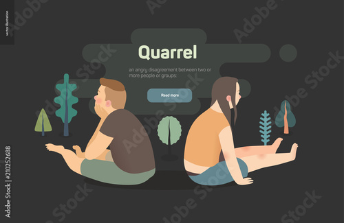 Quarrel vector concept illustration - a scene with a young couple sitting turning away from each other after a conflict, on the dark background with trees landscale