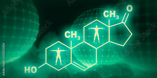 Chemical molecular formula hormone androstenolone. Infographics illustration. Man silhouette Polygonal background with spheres covered by grid. 3D rendering photo