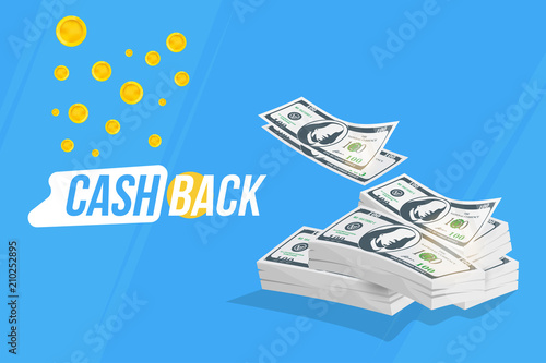 Cash Back banner with bundle of money and icon coins. The concept of financial and profitable offers. Vector illustration EPS10