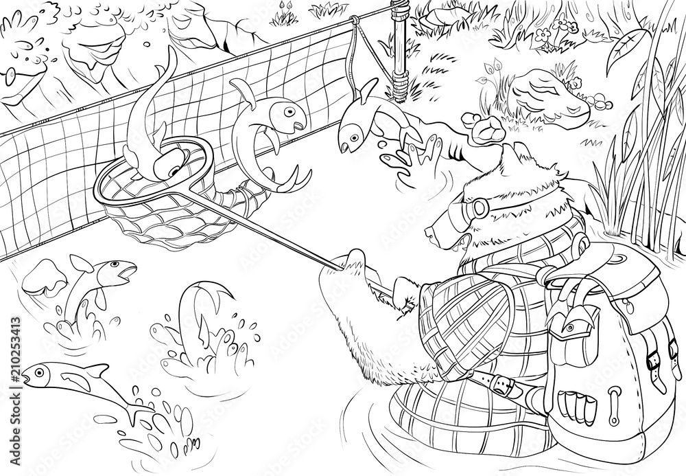 Coloring page for children with outline characters. A satisfied bear,  dressed as a fisherman, fishing in a river. Line art, drawing to color in.  Black and white. Stock Illustration