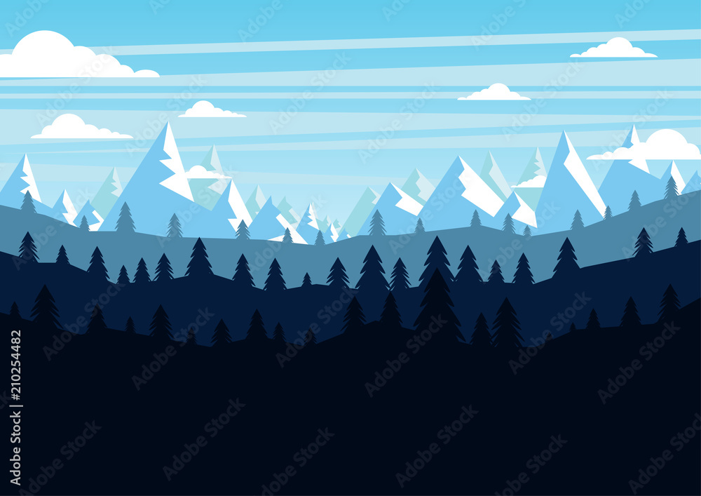 The Mountains and forest landscape early in a daylight background. Vector illustration.