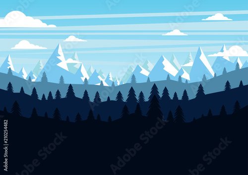 The Mountains and forest landscape early in a daylight background. Vector illustration.