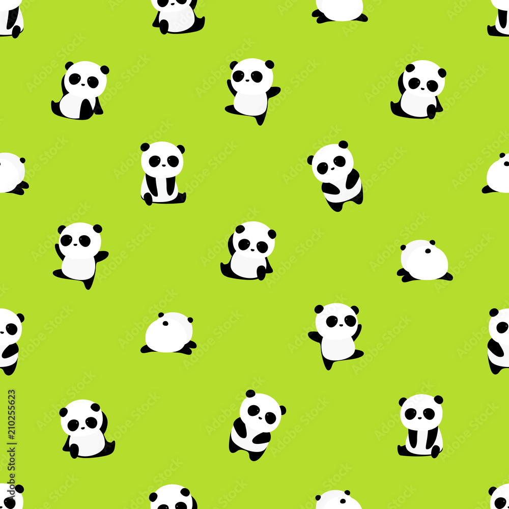 Seamless Vector Pattern: panda bear pattern on light grass background. Small pandas with different gestures. Seamless Vector Pattern: panda bear pattern on light grass background. Small pandas with different gestures.